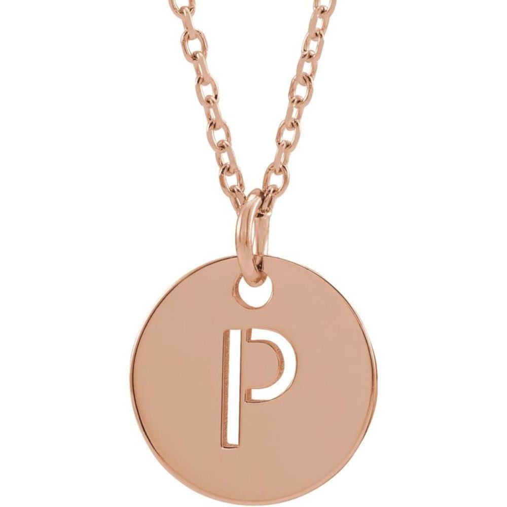 14k Rose Gold Initial P, Small 10mm Pierced Disc Necklace, 16-18 Inch
